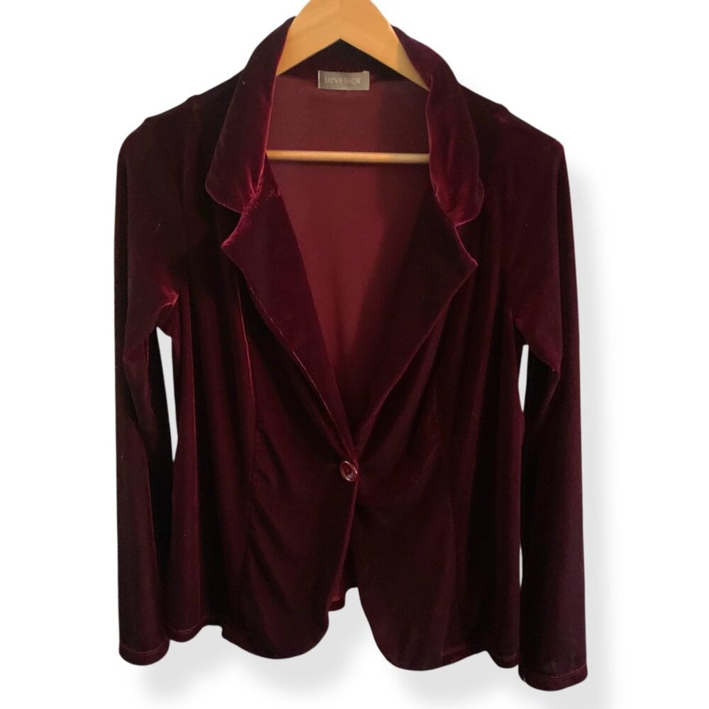 Y2K VTG Velvet Blazer Burgundy‎ Fairygoth Single-Button Jacket Stretchy Made USA